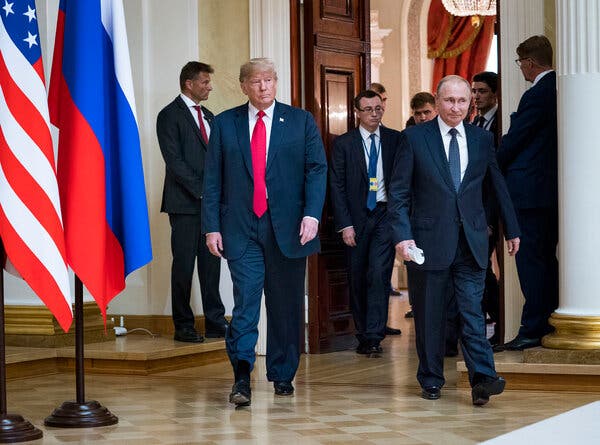 Donald Trump and Vladimir Putin arriving for a joint news conference in Helsinki in 2018.