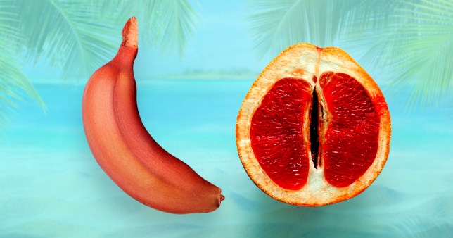 Image with a red brown banana and the inside of a grapefruit on a blue background