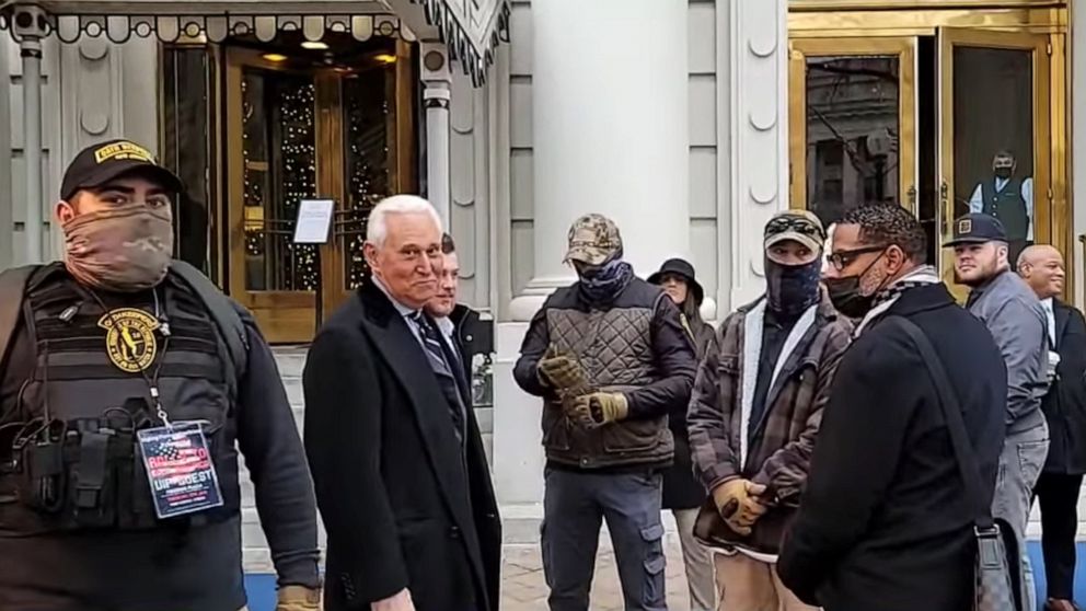 PHOTO: In a video frame grab, longtime Donald Trump adviser Roger Stone is seen outside a Washington, D.C., hotel with members of the Oath Keepers on the morning of Jan. 6, 2021.